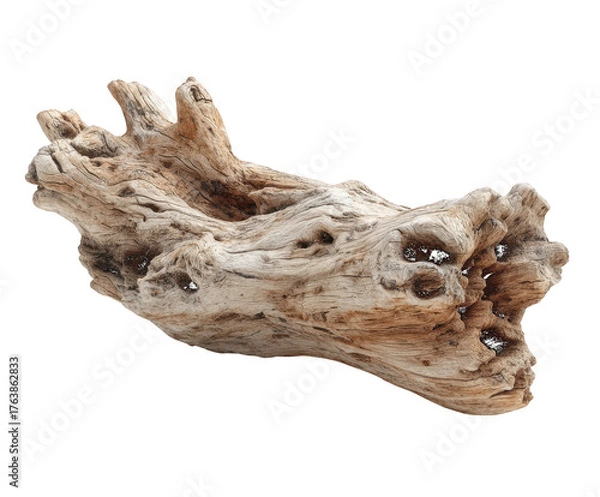 Fototapeta Weathered and textured driftwood with holes natural isolated on a transparent background