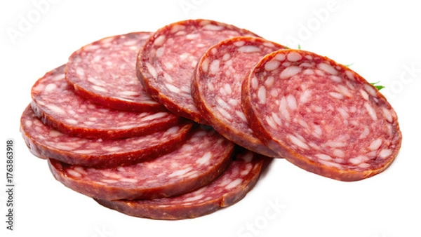 Fototapeta Sliced Cured Sausage, with Visible Fat Marbling and a Hint of Green Garnish, cutout, PNG isolated on white or transparent background