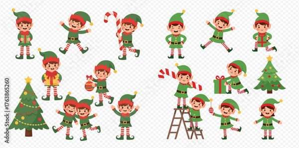 Fototapeta Festive Christmas elf cartoon characters in various poses and activities, isolated on a transparent background.