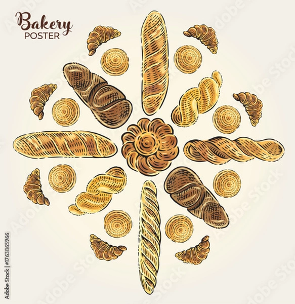 Fototapeta Vector illustration in a graphic style: a symmetrical composition of baked goods. Includes a loaf, bread, buns, croissants, and baguettes. Perfect for a bakery or bread shop sign or poster design.