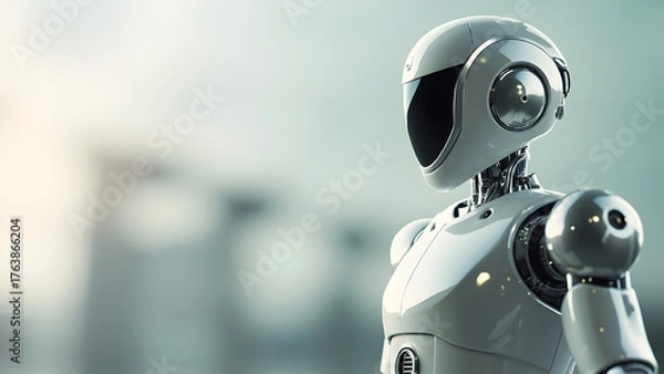 Fototapeta Close-up of smooth robot textures and materials. Minimalist aesthetic with blurred space for corporate message or text.