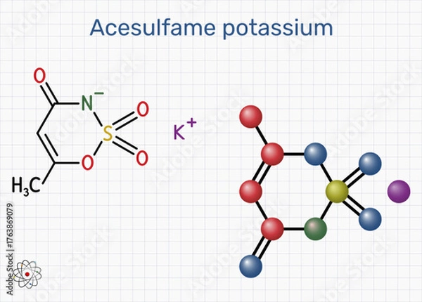 Fototapeta Acesulfame K molecule. High-intensity noncaloric sweetener E950 for beverages, bakery and tabletop blends. Sheet of paper in a cage. Vector Illustration