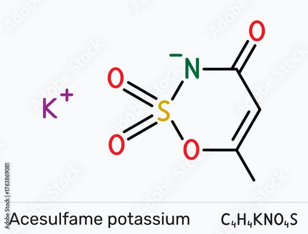 Fototapeta Acesulfame K molecule. High-intensity noncaloric sweetener E950 for beverages, bakery and tabletop blends. Vector illustration