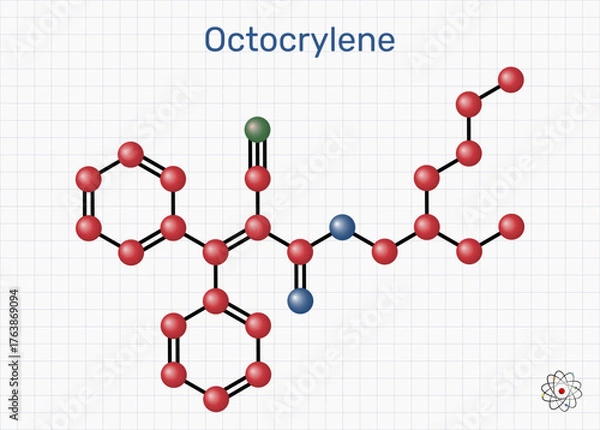 Fototapeta Octocrylene molecule. UVB/short-UVA sunscreen filter; photostability booster for avobenzone. Sheet of paper in a cage. Molecular model. Vector Illustration