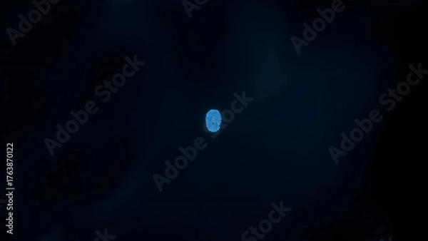 Fototapeta Minimal glowing fingerprint icon on dark background, representing cybersecurity. Ample empty space for text or design placement.