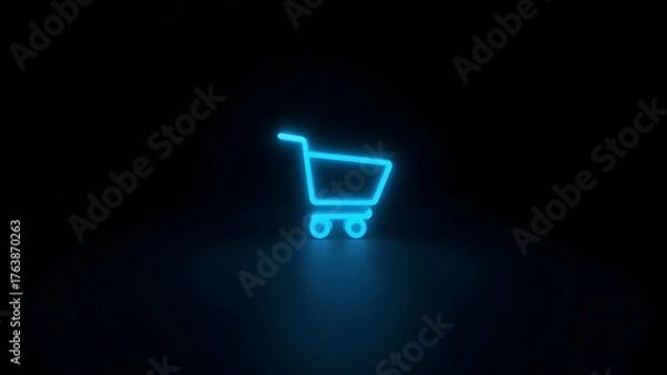 Fototapeta Minimal glowing shopping cart icon on dark background with neon outline. Left-side copyspace for text, representing e-commerce and online shopping.
