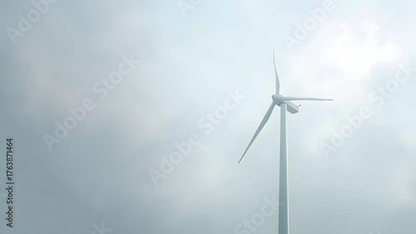 Fototapeta Minimal wind turbine icon on a cloudy background, isolated with left-side copyspace. Symbolizing renewable energy and sustainability.