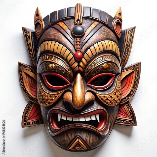 Fototapeta Intricate tribal mask with fierce expression and detailed carvings