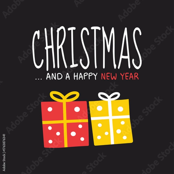 Fototapeta Cute Merry Christmas Greeting with Gifts and Tree on Chalkboard Background