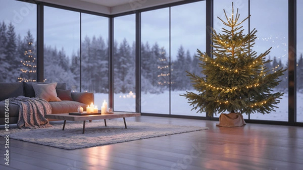 Fototapeta Cozy living room with a beautifully decorated Christmas tree, soft blankets, and candles, creating a warm atmosphere against a snowy winter landscape outside