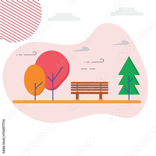 Fototapeta Minimalist vector illustration of a park scene with colorful trees a wooden bench,clouds,and a sun.Flat design landscape background for web,posters or mobile applications