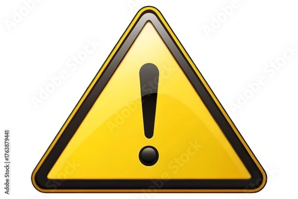 Obraz A bright yellow triangular warning sign with a black exclamation mark inside, indicating caution or danger.