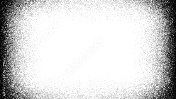 Fototapeta White rectangular frame with black stipple dot grain effect. Distorted texture with abstract noise for graphic design. Radial blend.