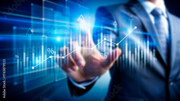 Fototapeta Stock market business and exchange financial growth graph. Business chart data graph diagram, business trading graph investment growth, global trend arrow up and down.
