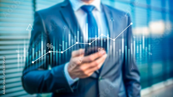 Fototapeta Stock market business and exchange financial growth graph. Business chart data graph diagram, business trading graph investment growth, global trend arrow up and down.