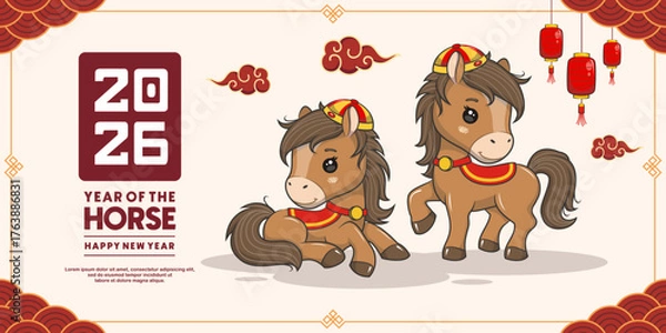 Obraz Happy Chinese New Year 2026 Year Of The Horse, Cute Vector Cartoon Illustration
