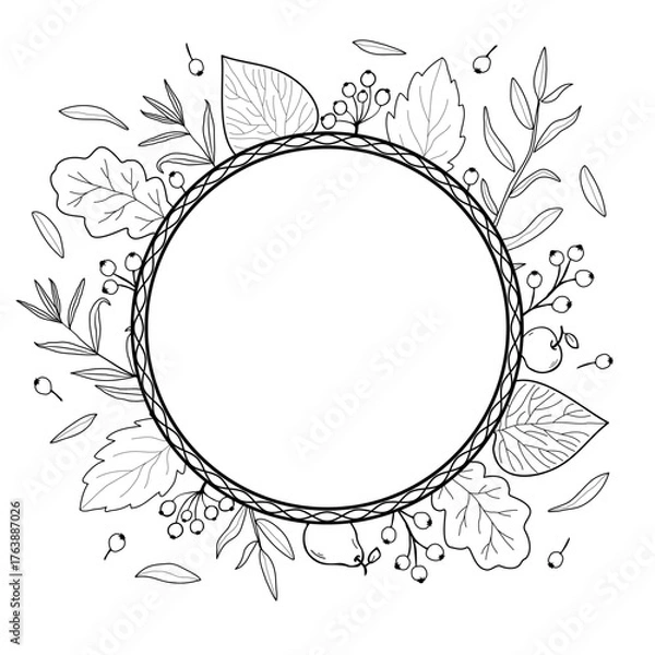 Obraz Autumn round frame with foliage and berries in doodle style. Cartoon illustration for decor.