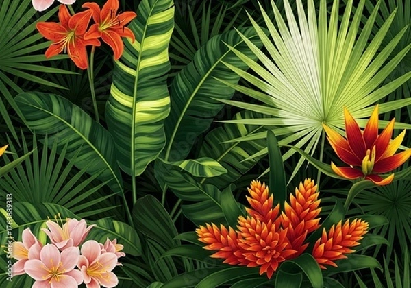 Fototapeta Vibrant tropical jungle foliage and exotic flowers create a lush, verdant paradise backdrop for any design project.