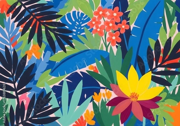 Fototapeta Vibrant tropical foliage and flowers burst with color in a lively, modern abstract pattern perfect for design projects.