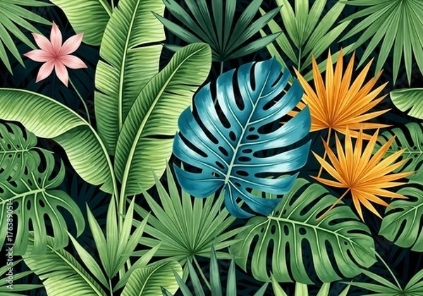 Fototapeta Vibrant tropical foliage pattern with lush green leaves and exotic blooms for stunning backgrounds and design elements