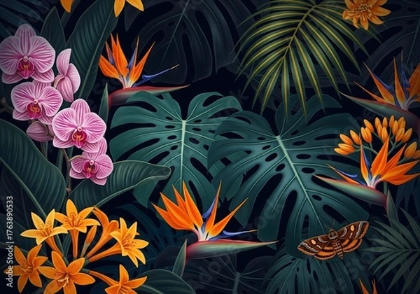 Fototapeta Vibrant tropical rainforest flora with exotic orchids, bird of paradise, monstera leaves, and a moth