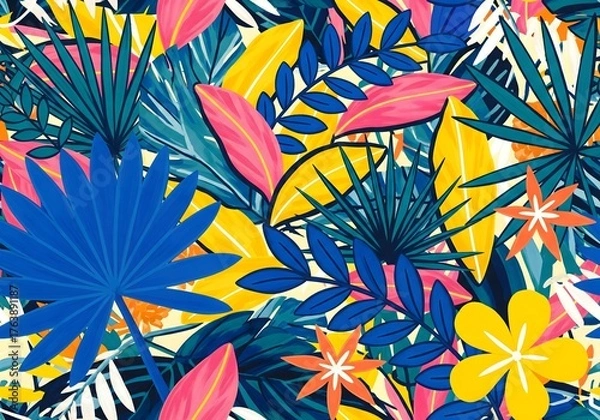 Fototapeta Vibrant tropical foliage pattern bursts with bold blues, sunny yellows, and hot pinks creating a lively, energetic jungle vibe.