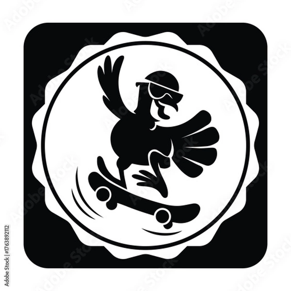 Fototapeta Illustration of a chicken wearing sunglasses skateboarding isolated on white background