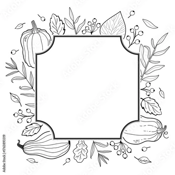 Fototapeta Autumn square frame. Postcard template with foliage, pumpkin and fruits in doodle style.