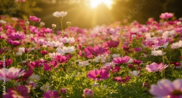 Fototapeta A field of vibrant pink, white, and magenta flowers glows with sunlight