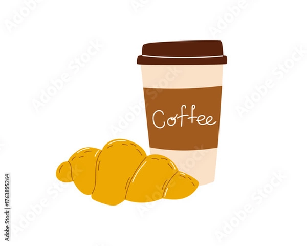 Fototapeta Takeaway coffee cup and croissant on isolated background. Vector illustration for cafe menu, advertising, food packaging