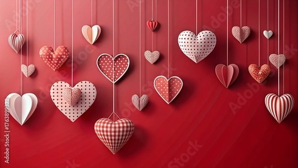 Obraz A charming assortment of hanging paper hearts in various patterns and textures against a vibrant red backdrop, perfect for valentines day decoration