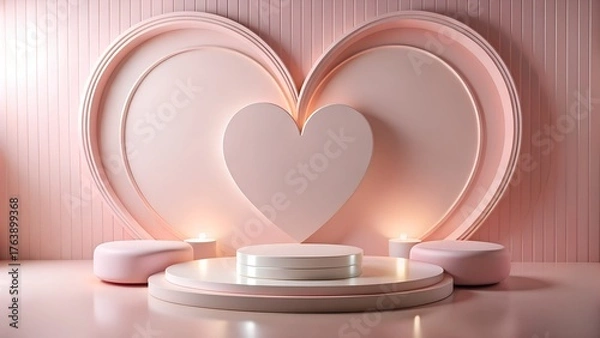 Obraz A charming valentines day display featuring a pink podium and heartshaped backdrop, creating a soft and romantic ambiance for showcasing products or messages of love
