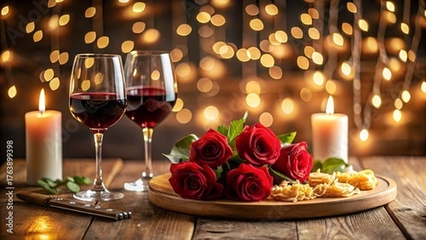 Obraz Romantic valentines day dinner with red wine, roses, and candles on a wooden table with bokeh lights in the background creating a cozy atmosphere