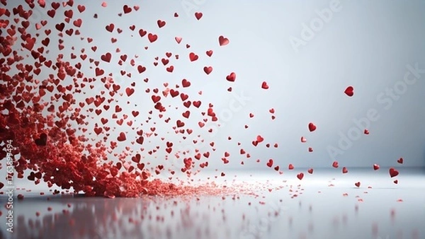 Obraz A cascade of red hearts spills onto a reflective surface, creating a romantic and festive atmosphere, perfect for valentines day or lovethemed celebrations