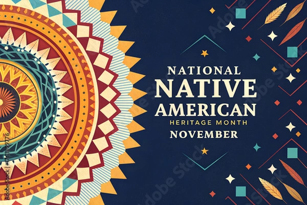 Fototapeta Vibrant Geometric Design Celebrating National Native American Heritage Month in November with Rich Cultural Patterns and a Dark Blue Background
