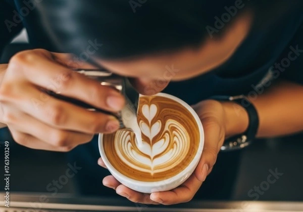 Fototapeta Artistic Barista Masterfully Crafts Intricate Heart Latte Art in a Steaming Coffee Cup