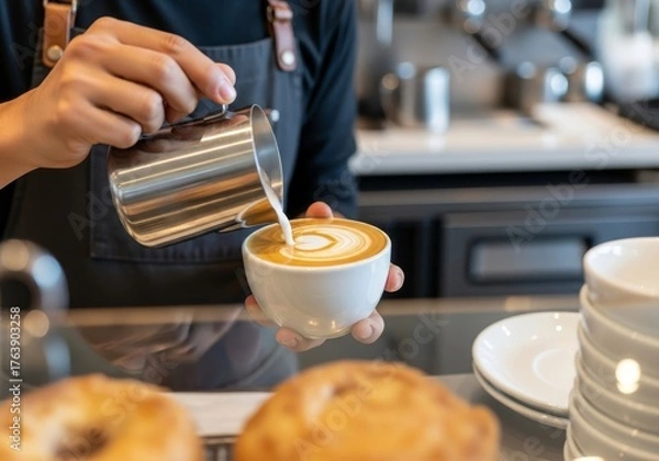 Fototapeta Skilled Barista Crafting Beautiful Latte Art in a Modern Coffee Shop Environment