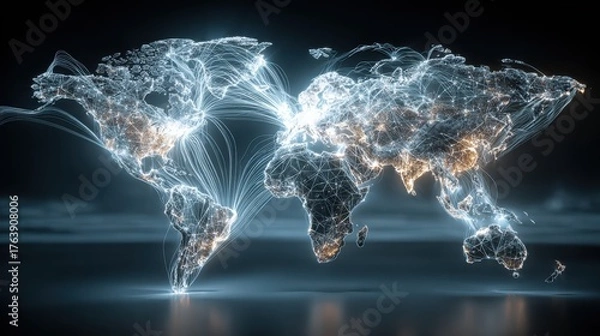 Fototapeta Glowing World Map with Interconnected Light Lines and Nodes
