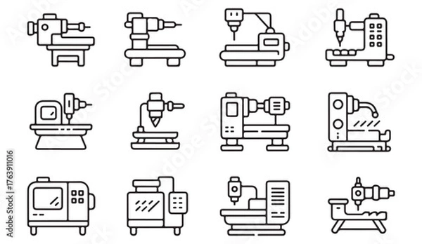 Obraz Thin line industrial machine icon set showing CNC, lathe, and milling tools for engineering and manufacturing.
