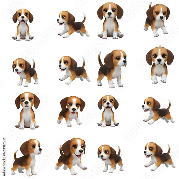 Fototapeta A collection of cute animated beagle puppies in various poses, showcasing their playful and curious nature. Each dog is rendered with attention to detail.