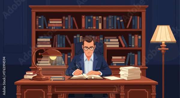 Obraz Intelligent writer researching and planning in cozy classic office space