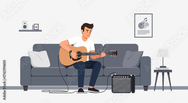 Obraz Man playing acoustic guitar on sofa in living room with amplifier illustration