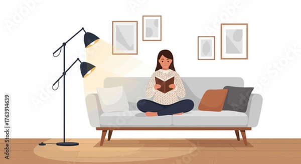 Obraz Serene reading: Woman enjoying book on couch in minimalist living room