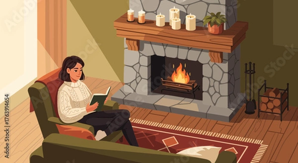 Obraz Serene illustration of a woman reading by a cozy fireplace indoors