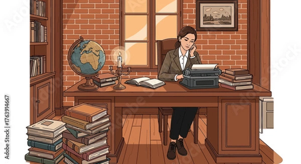 Obraz Contemplative writer at her desk, vintage charm and creative inspiration evoked