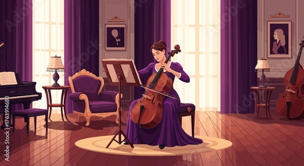 Obraz Elegant cellist playing in a sophisticated living room with artistic decor