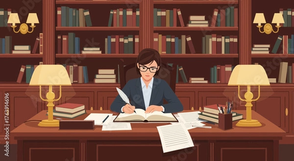 Obraz Woman engrossed in literary work using a quill in a classic library setting