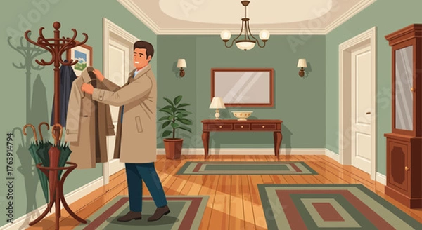 Obraz Man arriving home, hanging coat in elegant vintage styled hallway cartoon illustration