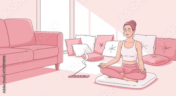 Obraz Serene Meditation: Woman Finding Balance in a Peaceful Indoor Setting
