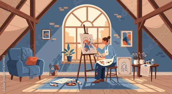 Obraz Creative Inspiration: An Artist's Haven in a Cozy Attic Studio Filled with Light